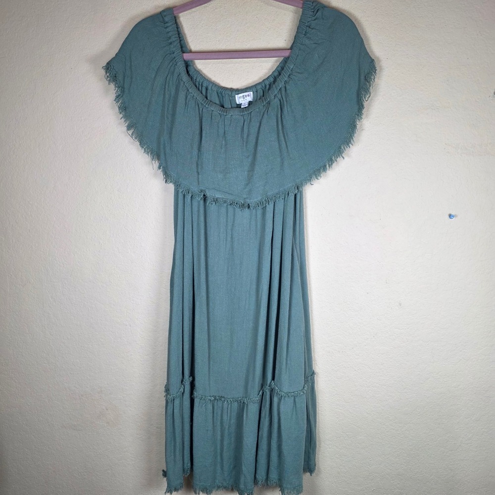 Umgee USA Sage Green Linen Blend boho Fringe Tiered Off Shoulder Mini Dress M M